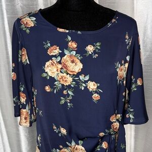 Les Amis Navy Blue Floral Blouse Cape Sleeve Side Tie Semi Sheer Flowy Women’s S